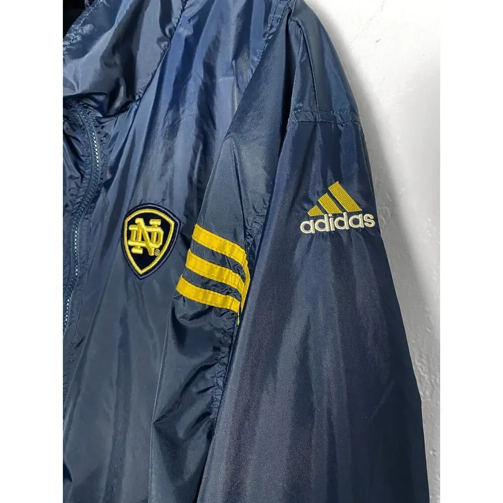 Adidas Men's Blue Windbreaker Jacket Gold Notre Dame Letters/Stripes‎ ND Patch